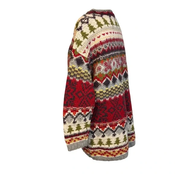 Limited Handknit (L) Unisex Multicolor 100% Wool Christmas Pullover Sweater - Picture 4 of 10